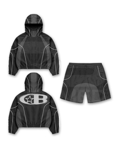 ชุดวอร์มกันลมผ้าโพลีเอสเตอร์/ไนลอนเนื้อหนาแบบ unisex พร้อมฮู้ดและกางเกงขาสั้น  รับสกรีนโลโก้สำหรับผู้ชาย - Product Image 4
