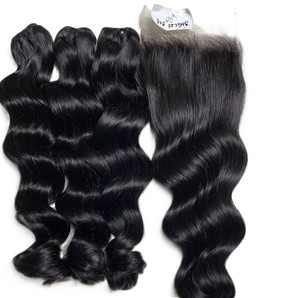 Paquete de Cabello Humano Indio Natural Ondulado de 30 Pulgadas con Cierre a Juego, Doble Trama, Extensiones de Cabello Remy Virgen - Product Image 1