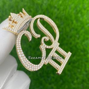 Pendentif personnalisé avec nom pour logo, finition or blanc, argent sterling 925 plaqué rhodium, attache couronne, entièrement serti de moissanite, style hip-hop pour soirée - Product Image 5