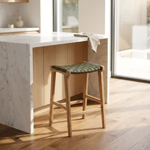 Tabouret de bar en teck de style mid-century avec assise en cuir tressé, chaise de salle à manger écologique et durable pour la maison - Product Image 4