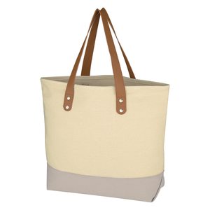 Sac fourre-tout en toile bicolore avec poignées en cuir, soufflet renforcé, personnalisable, extra large, vente en gros, promotionnel, pour boutiques et entreprises - Product Image 4