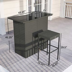 Set Bar da Esterno Alto a 5 Pezzi in Rattan Intrecciato con 2 Ripiani e 4 Sgabelli da Bar - Grigio - Product Image 2