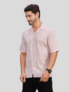 <b>Men's</b> Light <b>Pink</b> Short Sleeve Casual <b>Shirt</b> Solid Color Turn Down Collar Viscose Rayon Breathable Embroidered Anti UV Winter Wear - Product Image 3