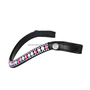 Diadema para Caballo de Cuero 100% Genuino con Perlas Rosadas, Azules y Blancas, Cristales y Pedrería, Diseño de Onda, Mega Brillante - Product Image 2