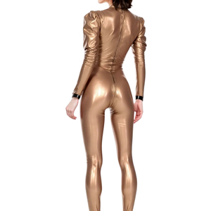 Combinaison pour femme en PU doré, manches longues bouffantes, taille haute, coupe ajustée avec fermeture éclair, tenue de club, longueur intégrale, couleur unie - Product Image 3