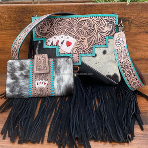 Bolso de piel de vaca hecho a mano, bandolera con flecos occidentales, monedero de ases, conjuntos de cartera plegable turquesa de cuero - Product Image 4