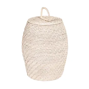 Vietnamese Whitewash Rattan Storage <b>Baskets</b> with Lids Decorative <b>Wicker</b> Organizer Set for Blankets <b>Laundry</b> Toys Home Storage - Product Image 1