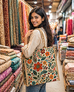 Premium Floral Printed Jute Tote <b>Bag</b> Eco Friendly <b>Reusable</b> Shopping <b>Bag</b> with Laminated Interior - Product Image 1