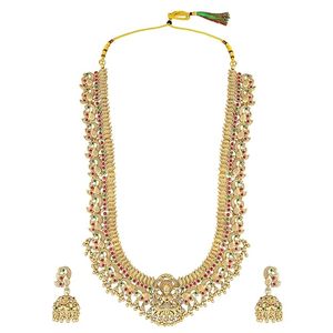 Parure de bijoux plaqué or avec collier long et boucles d'oreilles en alliage, ornée de perles, design temple indien du Sud, pour femme, idéale pour mariage et soirée, bijoux de mode ethniques - Product Image 1