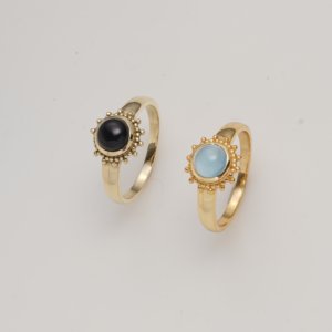Natural Larimar Ring Gold Tone Beaded Halo Brass Minimal Elegant Handmade Designer Jewelry Delicate Statement Classic MOKU - Product Image 2