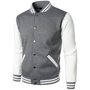 Men's Gray White Canvas Varsity Jacket Crew Neck <b>Covered</b> <b>Button</b> Closure Breathable Streetwear Winter Front Logo - Product Image 1