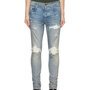 Jean en denim bleu déchiré et vieilli pour homme, taille mi-haute, fermeture boutonnée, style décontracté, 100 % coton tissé, coupe droite, collection printemps - Product Image 2