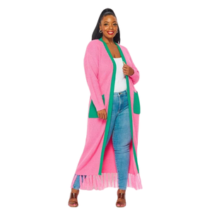 Cárdigan de punto estilo griego rosa y verde con flecos, cárdigan largo abierto con ribete en contraste, ropa exterior para mujer, rosa, verde, C - Product Image 1