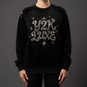 Custom Y2K Luxe Women Black <b>Velour</b> <b>Sweatshirt</b> Rhinestone Crystal Logo Pullover Heavyweight Streetwear Crewneck Winter 100% - Product Image 5