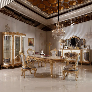 Elegante Juego de Comedor Francés de Madera de Caoba Maciza, Tallado a Mano, Acabado en Crema Marfil y Dorado, con Aparador y Espejo - Product Image 2