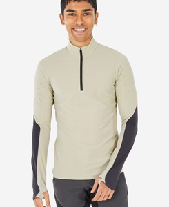 High Quality <b>Women</b> Beige <b>Quarter</b>-<b>Zip</b> Yoga Top Full Sleeve Contrast Binding Solid Color Breathable Spandex Polyester Regular Fit - Product Image 1