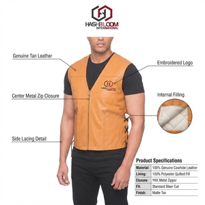 Hashbloom International Men's Custom OEM Sleeveless V-<b>Neck</b> Motorcycle Biker Vest Genuine Leather Anti-Wrinkle Zipper Closure - Product Image 5