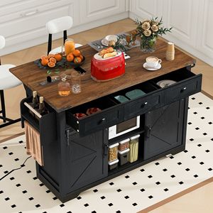 Carrello da Cucina Stile Fattoria da 136 cm con Presa di Corrente, 2 Ante Scorrevoli, Scaffale Porta Spezie Ribaltabile e Ruote - Product Image 3