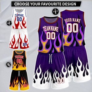 Uniforme de basket-ball personnalisé, design flamme, nom de l'équipe sublimé, personnalisé, unisexe, adulte, toutes saisons, maille respirante, manches courtes - Product Image 1