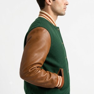 <b>Men's</b> Green Varsity <b>Jacket</b> With Brown <b>Leather</b> Sleeves Turn-down Collar Button Closure Autumn Casual Outerwear Regular Fit - Product Image 4