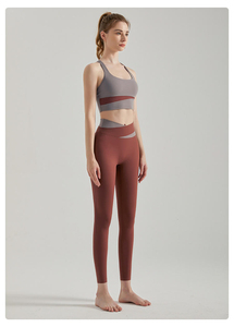 Women Yoga Set 2 Piece Gray Burgundy Contrast High Waist <b>Leggings</b> Crop Top Racerback Seamless Full Length Sportwear Front Quick - Product Image 4