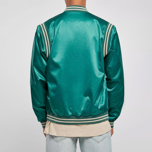 Veste en satin vert pour homme avec empiècements rayés contrastants, coupe classique, couleur unie, fermeture à boutons-pression, vêtements décontractés, services de vente en gros - Product Image 3