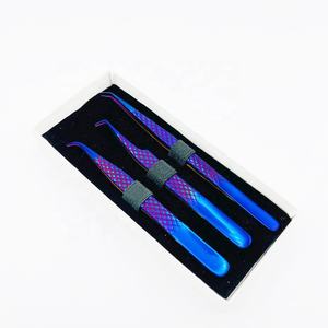 Pinzas de extensión de pestañas de volumen curvo de 45 90 grados de acero inoxidable sólido profesional agarre de textura de Diamante Azul puntiagudo a mano - Product Image 1