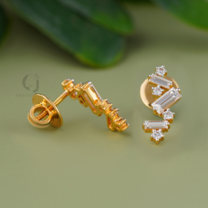 0.59ct Lab Grown Diamond Bar <b>Climber</b> <b>Earrings</b> 14K Gold Baguette/Round Cluster Asymmetrical Minimalist Daily Fine Jewelry - Product Image 2