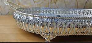 Luxury Silver Plated <b>Mirror</b> Vanity <b>Tray</b> | Decorative Oval Metal Serving Platter with Handles & Antique Feet for Wedding Decor - Product Image 3