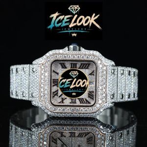 Montre mécanique Ice Look avec cadran carré, lunette en cristal, chiffres romains, bracelet, montre-bracelet pour homme - Product Image 1