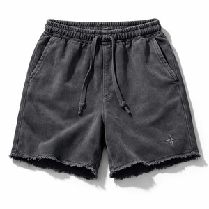 Shorts en coton délavé pour homme, ourlet brut, cordon de serrage, streetwear, décontracté, été, logo personnalisé - Product Image 5