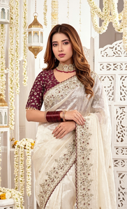 AARA Fashion Elegant Cream Silk Saree Maroon Blouse Traditional Indian Wedding Wear Floor-Length Regular Fit Women's <b>Sari</b> Sun - Product Image 4