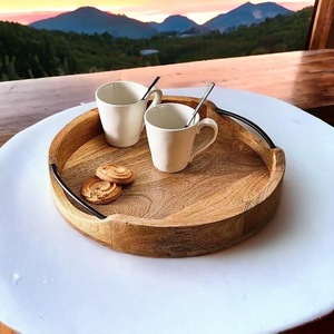 Premium Round Wooden Serving <b>Tray</b> with Metal Handle | Acacia Wood Coffee & Breakfast <b>Tray</b> | Modern Rustic Home <b>Decor</b> - Product Image 3