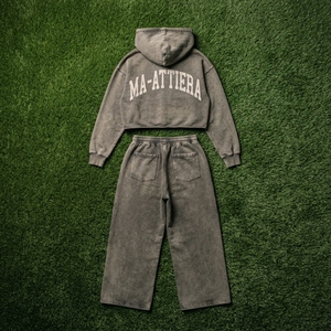 Custom Women Acid Wash Gray <b>Cropped</b> Hoodie <b>Jogger</b> Set Cotton Fleece Oversized Streetwear Tracksuit OEM Wholesale - Product Image 6