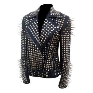 Women's Cowhide <b>Leather</b> Motorcycle Jacket With <b>Rivets</b> And Spikes Turn-down Collar Zipper Closure Full Sleeve Moto Biker Style - Product Image 1