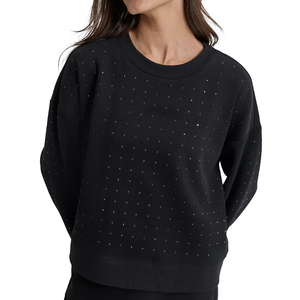 Hot Sale Women's Winter Casual Oversize Sweatshirts Black Solid Color Rhinestones Washed Crew Neck Customized Cotton/Polyester - Product Image 3