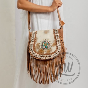 New Western Style Hair On Hide Fur Suede Leather Fringe <b>Bag</b> High Quality <b>Boho</b> Women Leather Shoulder <b>Bag</b> With Turquoise Stone - Product Image 1