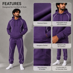 Men's <b>Purple</b> Hooded Tracksuit Set with White Contrast Piping Pullover Hoodie and Jogger Pants for Casual Streetwear - Product Image 6