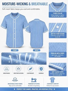 Maillot de baseball pour homme à manches courtes, bleu clair uni, col baseball, boutonnage frontal, coupe classique, en polyester respirant - Product Image 3