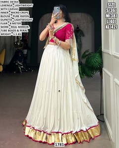 Traditional Indian <b>Lehenga</b> Choli Set <b>White</b> With Gold Border Pink Blouse Real Mirror Work Floor-Length Women's Ethnic Wear - Product Image 1