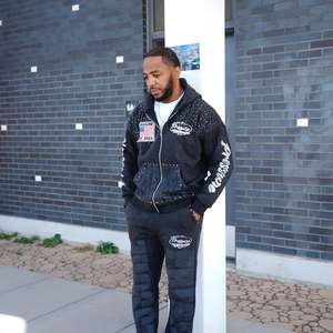 2026 Pressure Men's Hooded Tracksuit Full Zip Sweatshirt and Jogger Pants <b>Set</b> Streetwear Style Letter Print Black Autumn Wear - Product Image 4