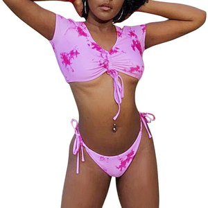 Ensemble de bikini rose pour femme, col halter, imprimé animal, bas de bikini à nouer sur les côtés, 100% polyester, haute élasticité, maillot de bain sans couture - Product Image 1