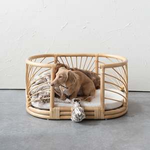 Canapé pour animaux de compagnie en rotin délicat, design Sunburst, lit pour chien en osier avec coussin, meuble décoratif pour chat, pour salon, intérieur de maison - Product Image 5