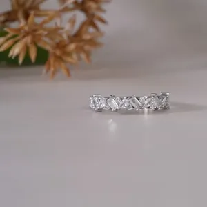 Elegant Sterling <b>Silver</b> Mixed Cut Moissanite <b>Eternity</b> Band Unique Baguette and Round Diamond Simulant Wedding <b>Ring</b> Gift - Product Image 5