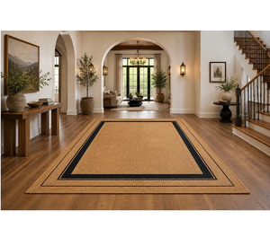 Natural Tan Jute Area <b>Rug</b> Handwoven with Black Border Farmhouse Boho <b>Rustic</b> Living Room Hall Natural Fiber Floor Carpet - Product Image 1