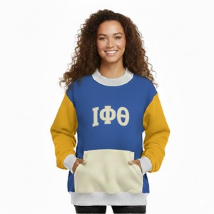 Sweat-shirt oversize bicolore à col montant pour femme en molleton de coton épais, coupe-vent, écologique, avec badge et sequins, chaud, hiver, décontracté, devant - Product Image 5