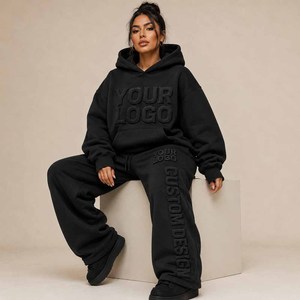 Custom Logo Embossed Hooded Sweatshirt <b>Set</b> Black Fleece Loose Fit Full Length Unisex Casual Streetwear 2 Piece Tracksuit - Product Image 3