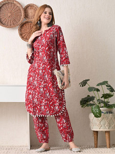 Kurta en coton imprimé floral rouge pour femme, manches pompons, style ethnique, longueur midi, coupe classique, tenue décontractée, Inde Pakistan, séchage rapide - Product Image 4