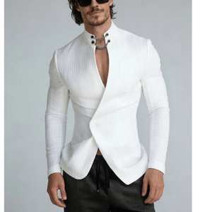 Mens Slim Fit Avant Garde Mandarin Blazer Asymmetric Chain Chain Link Mock Neck <b>Jacket</b> Urban <b>Tech</b> <b>Wear</b> Open Chest Blazer - Product Image 1