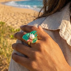 Floral Pearl Adjustable Steel <b>Ring</b> for Women & Girls <b>Statement</b> Inlay Jewelry - Product Image 3